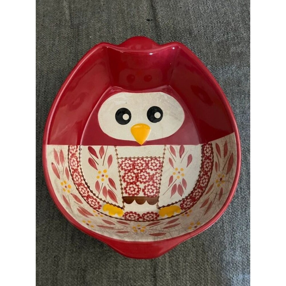 Temp-tations Old World Red Ceramic Owl Serving Bowl Figural Fall Baker 9"x8"